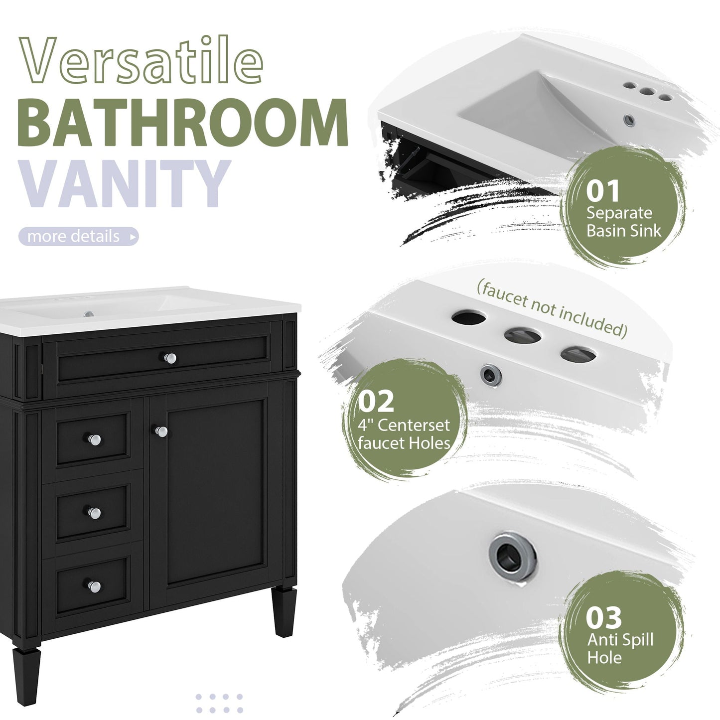 Bathroom vanity with medicine cabinet, black finish, 2 soft closing doors and 4 drawers on Tampa Home & Garden Store