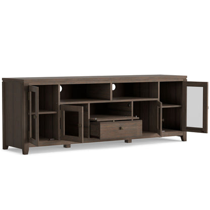 Wide handcrafted solid wood media stand with open shelves in dark brown finish HouseOfZazla on Tampa Home & Garden Store