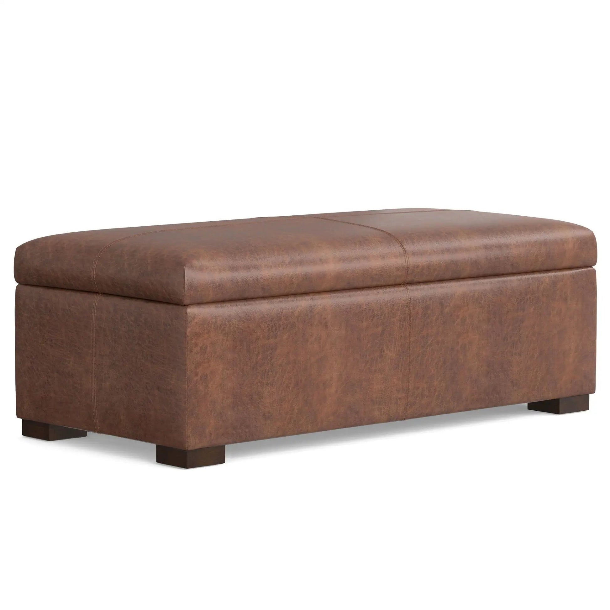Gabbie coffee table upholstered storage ottoman brown leather with stitched panels on Tampa Home & Garden Store