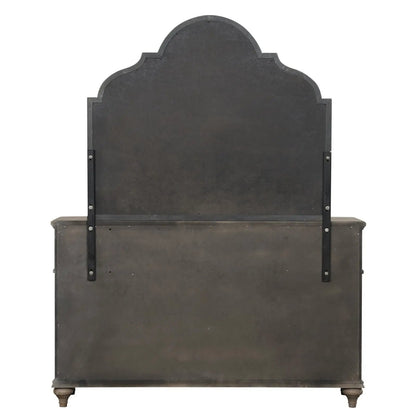 Dresser dark rustic metal with riveted panels and arch-top back on Tampa Home & Garden Store