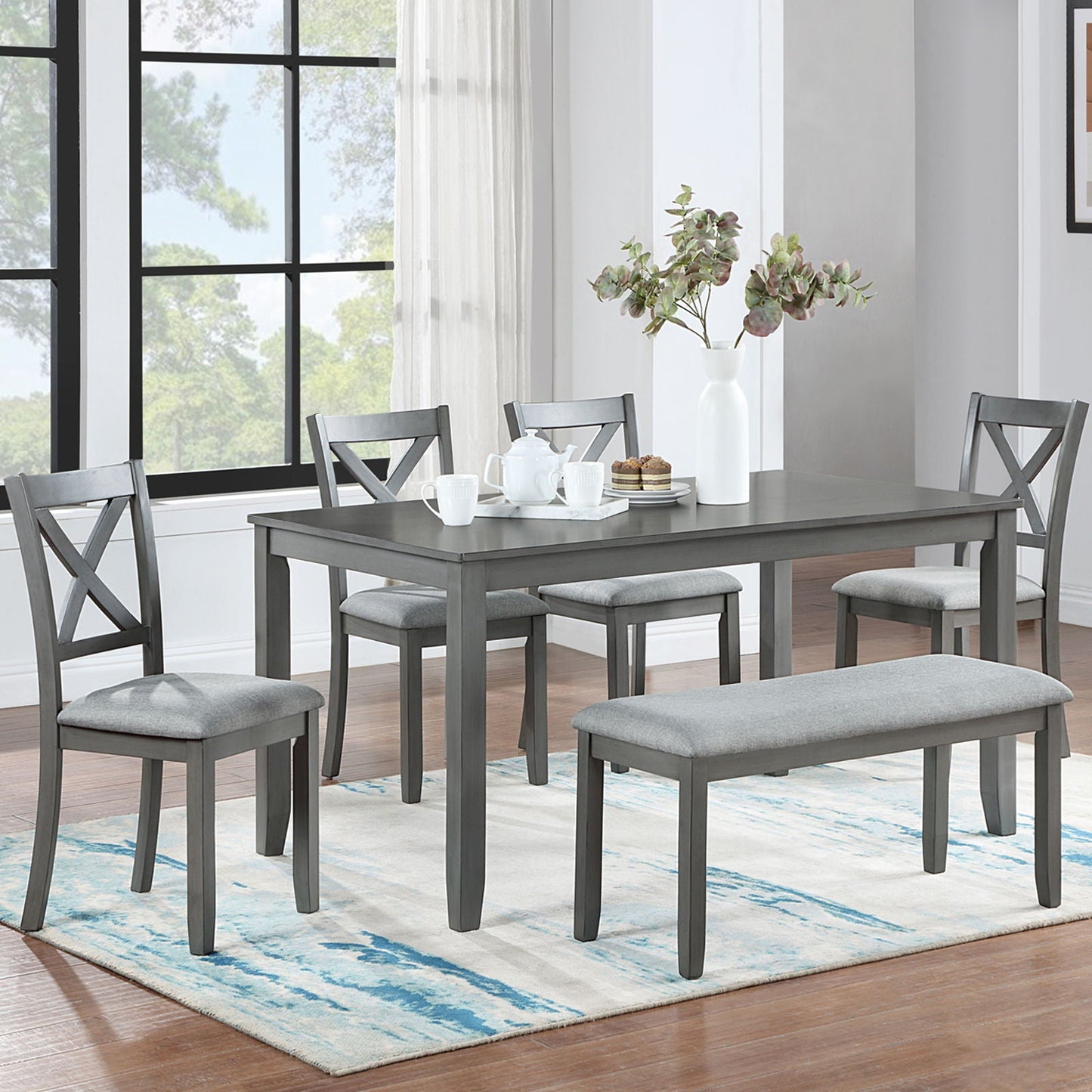 Six Piece Dining Set With A Bench And Four Chairs