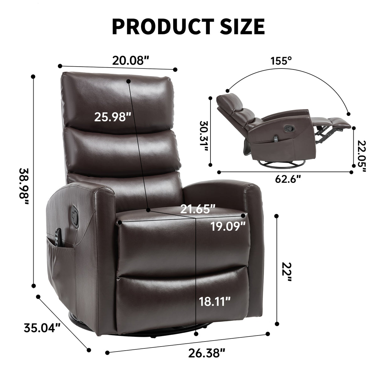 Heat Massage Manual Recliner Chair HouseOfZazla brown leather with rocker and swivel remote pocket on Tampa Home & Garden Store