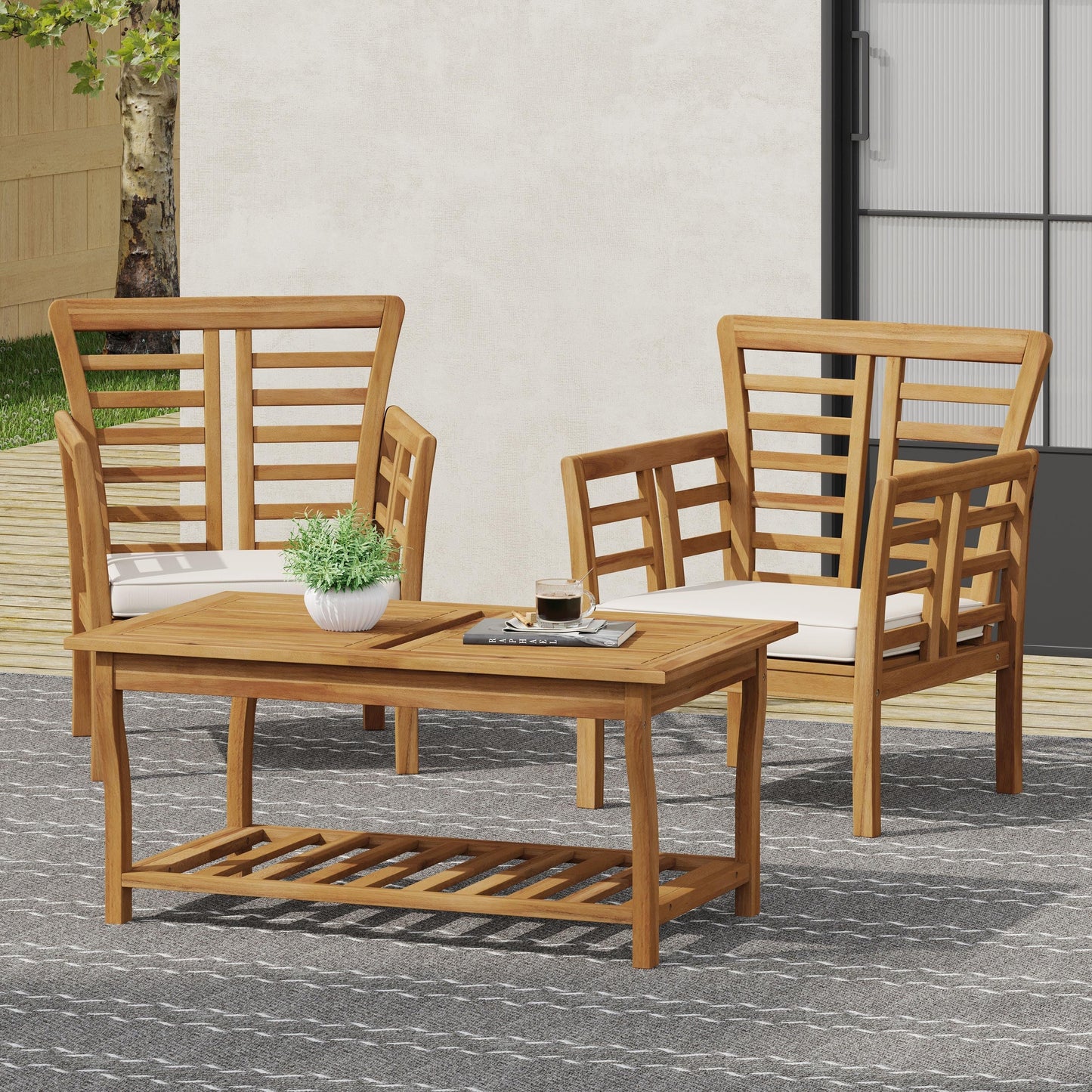 Caydon 2 Club Chairs + Table outdoor furniture set with light wood frames and white cushions on Tampa Home & Garden Store
