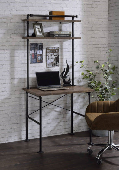 Ensata Rustic Writing Desk - Black / Oak pipe-frame desk with wood shelves on Tampa Home & Garden Store