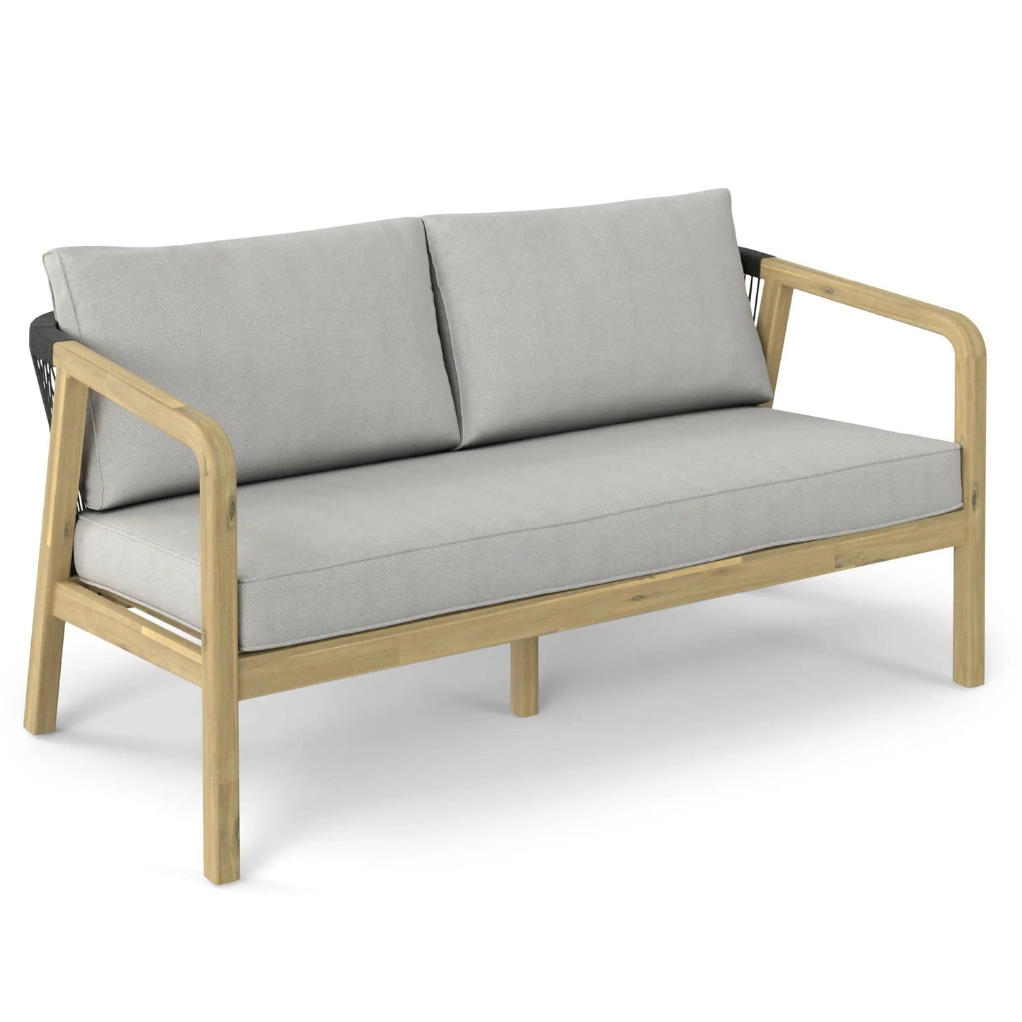 Palmetto Outdoor Sofa with stone gray cushions on a light wood frame on Tampa Home & Garden Store
