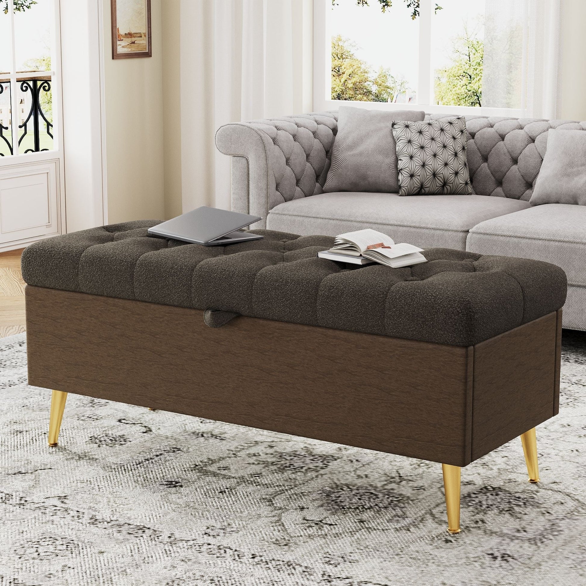 Modern tufted storage ottoman bench in gray upholstery with tapered legs on Tampa Home & Garden Store