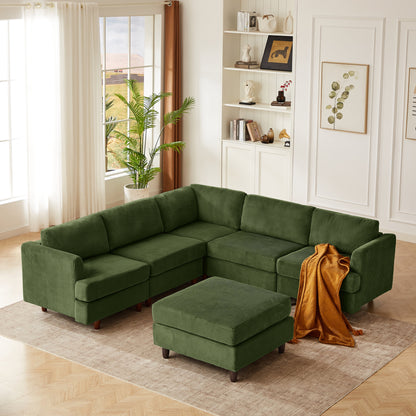 Modern modular sectional couch in green with ottomans, white shelves, sunlit window on Tampa Home & Garden Store