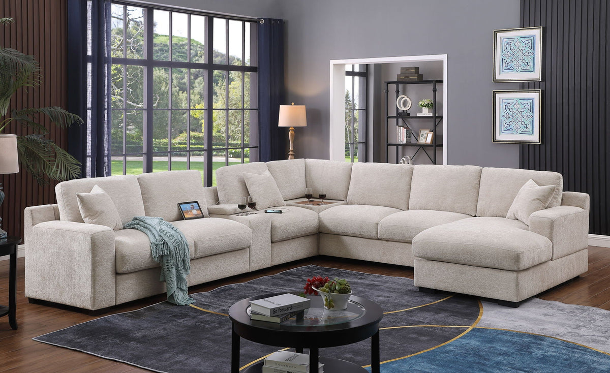 Celine fabric corner sectional sofa with right-facing chaise beige upholstery cupholders on Tampa Home & Garden Store