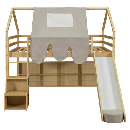 Loft bed with house-shaped frame and beige fabric tent, natural pine with cubby shelves on Tampa Home & Garden Store