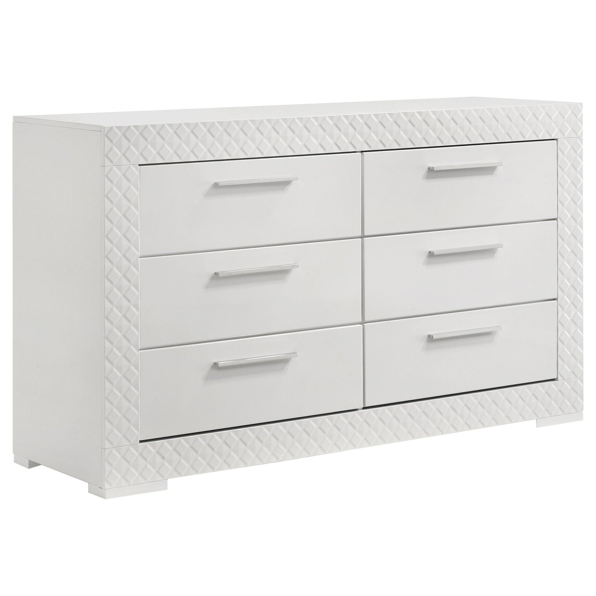 Pierce 4 Piece Bedroom Set white dresser with LED lighting; diamond accents and metal pulls on Tampa Home & Garden Store