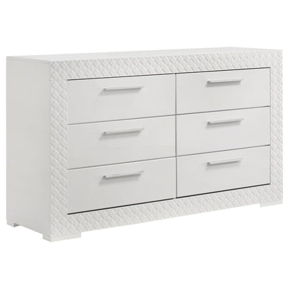 Pierce 4 Piece Bedroom Set white dresser with LED lighting; diamond accents and metal pulls on Tampa Home & Garden Store