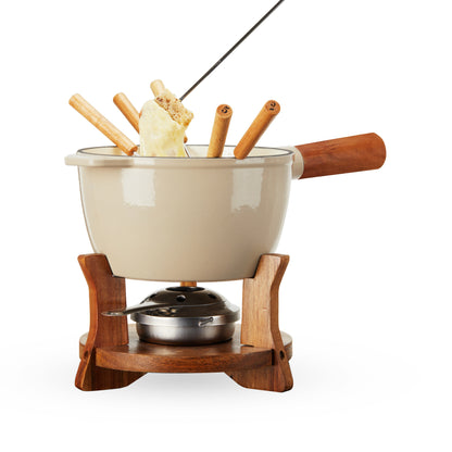 Wood and Cast Iron Fondue Set with Burner