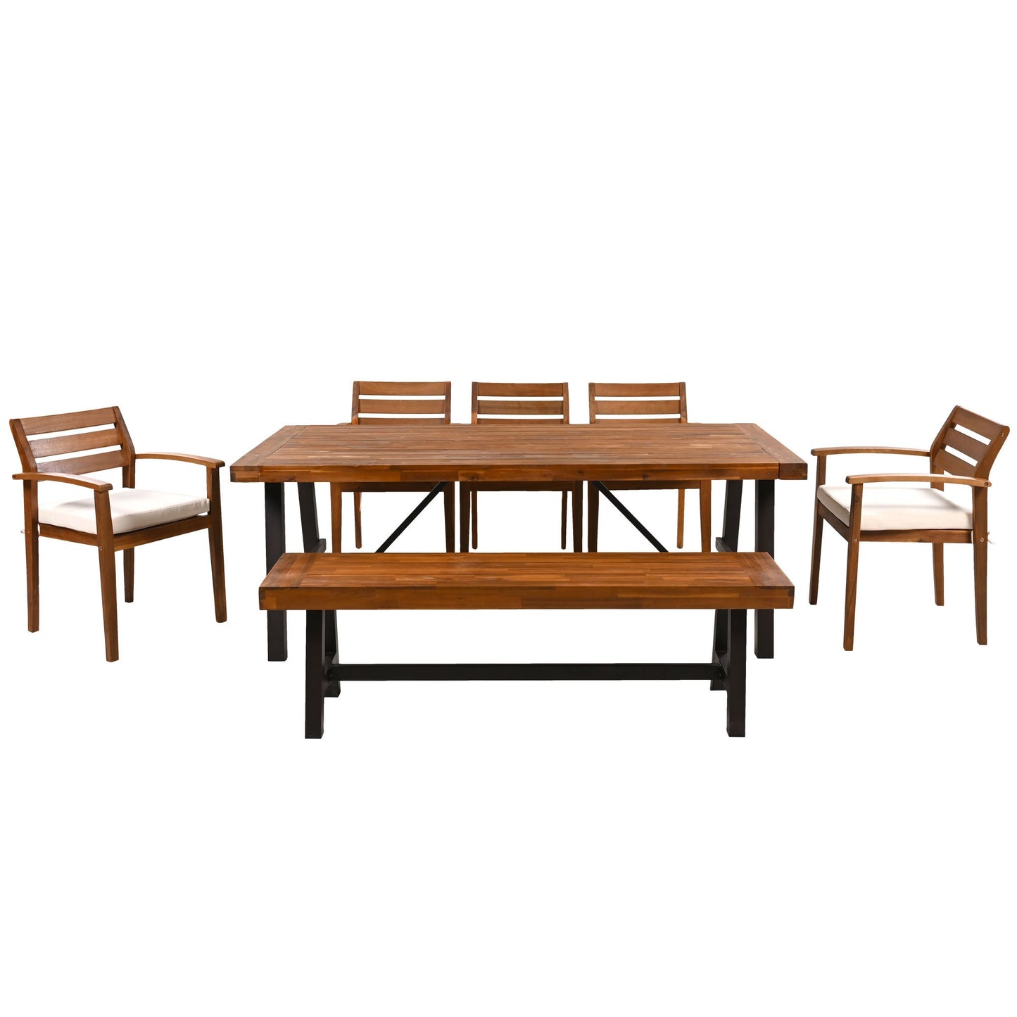 GO Outdoor Wood Dining Set 7-8 by HouseOfZazla; table with black metal legs and chairs on Tampa Home & Garden Store