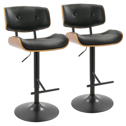 Pair of mid-century adjustable barstools with swivel, black cushions, wood trim on black bases on Tampa Home & Garden Store