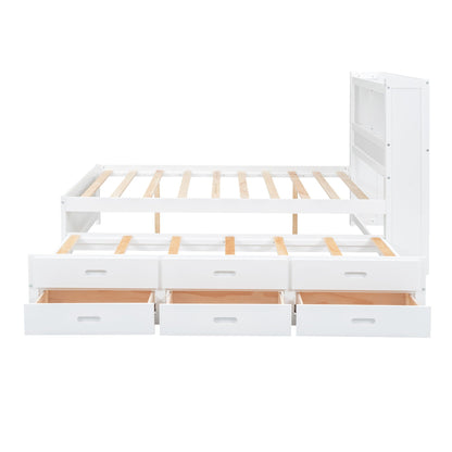 Full-size white platform bed with built-in shelves and under-bed drawers; wood slat base on Tampa Home & Garden Store