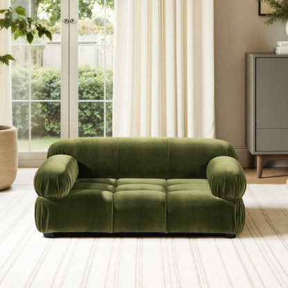 Olive green velvet Marcel upholstered seating by HouseOfZazla in living room setting on Tampa Home & Garden Store