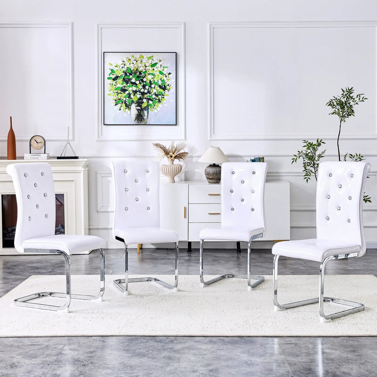 Elegant Design Upholstered Dining Chairs set white tufted upholstery chrome cantilever legs on Tampa Home & Garden Store