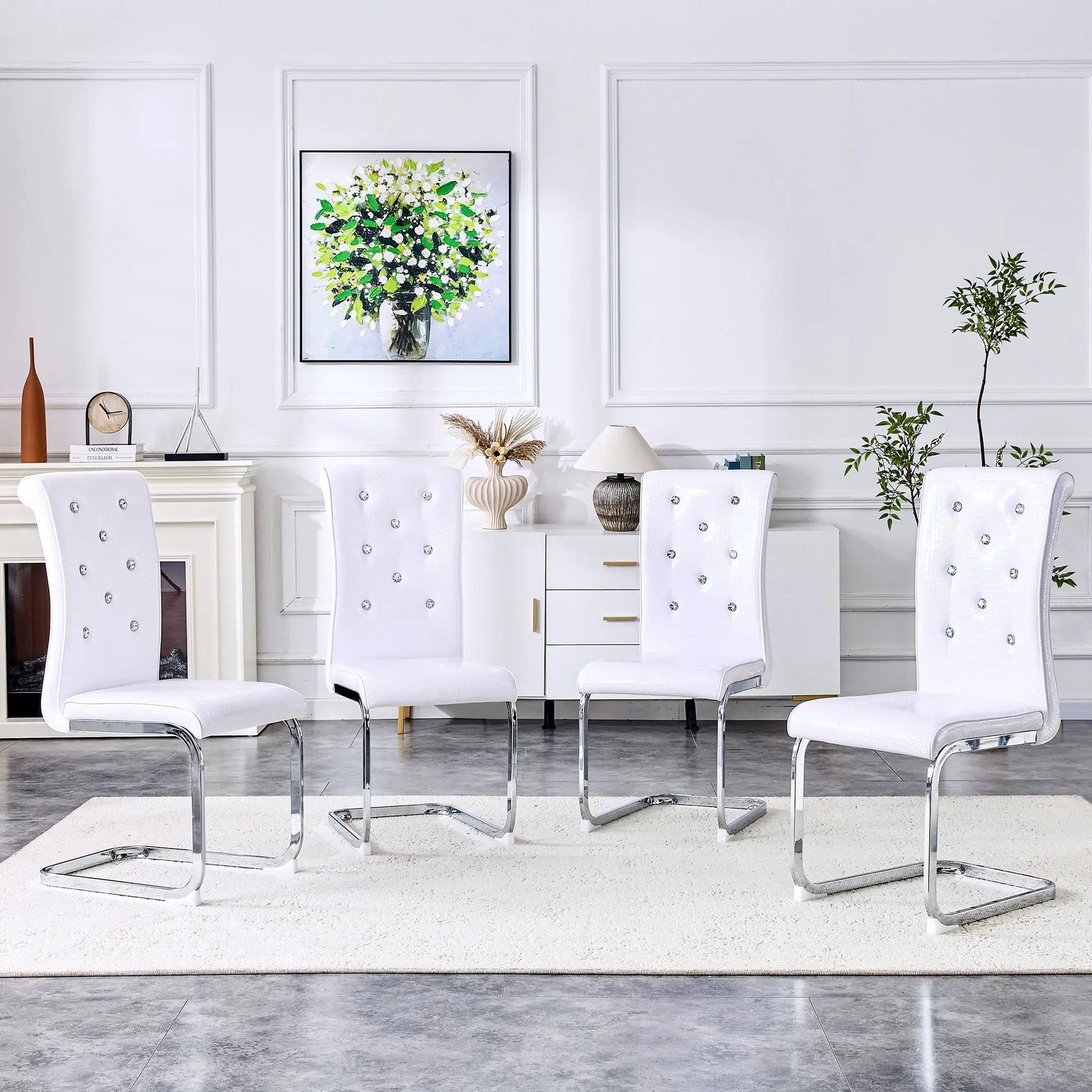 Elegant Design Upholstered Dining Chairs set white tufted upholstery chrome cantilever legs on Tampa Home & Garden Store