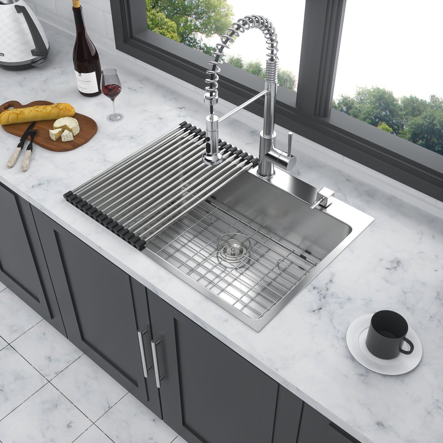 Drop-In Kitchen Sink, 16‑Gauge stainless, single bowl with spring coil faucet on Tampa Home & Garden Store