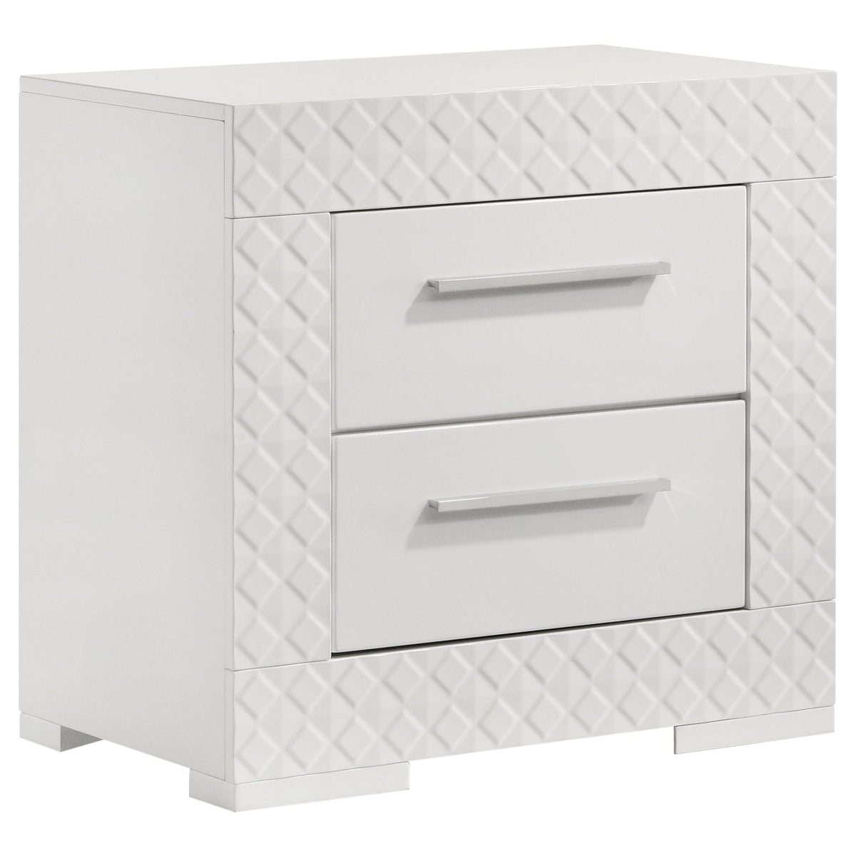 Pierce 4 Piece Bedroom Set LED Lighting white dresser with quilted fronts and metal handles on Tampa Home & Garden Store