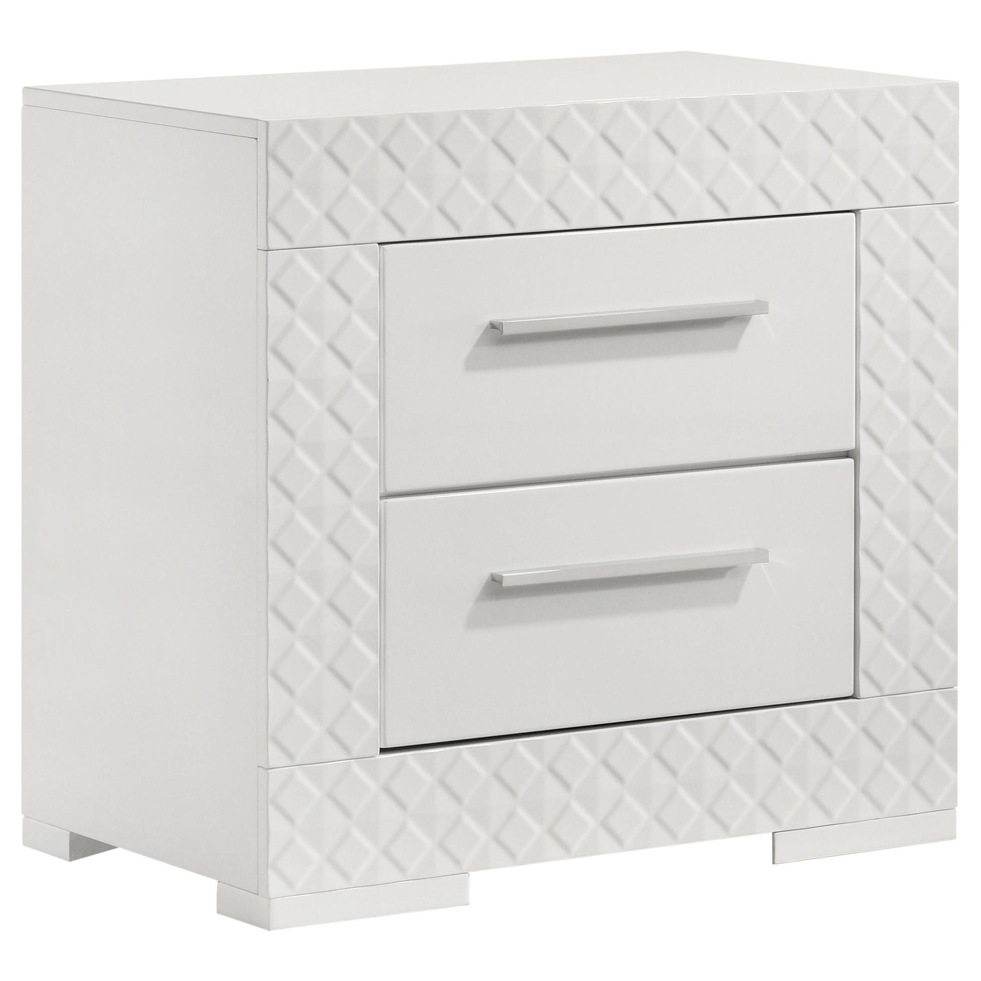 Pierce 4 Piece Bedroom Set LED Lighting white dresser with quilted fronts and metal handles on Tampa Home & Garden Store
