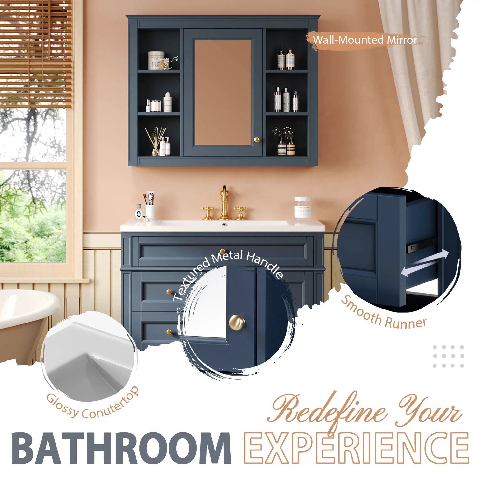 Bathroom vanity with mirror cabinet blue-gray, single sink, 2 soft-close doors and 4 drawers on Tampa Home & Garden Store