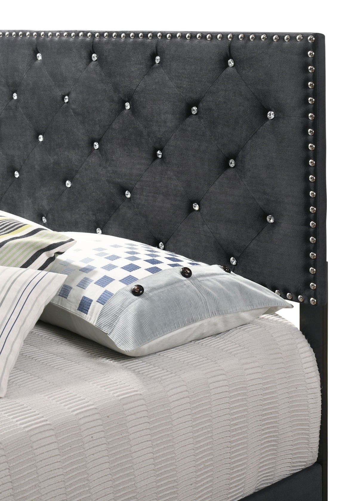 Luxurious upholstered bed headboard in charcoal gray with diamond tufting HouseOfZazla on Tampa Home & Garden Store