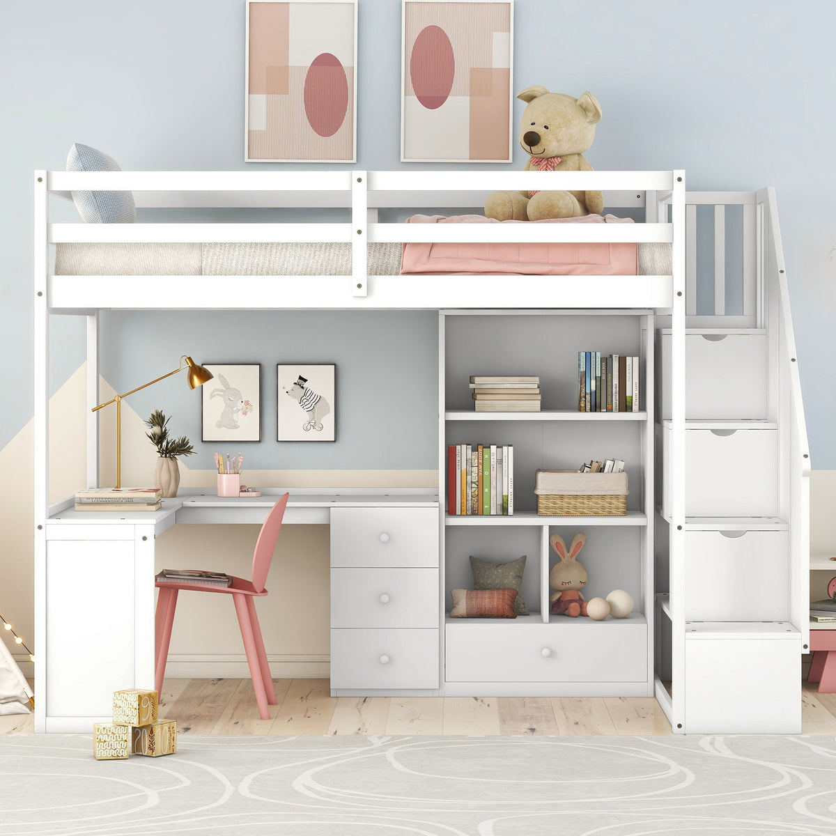 Loft bed with L-shaped desk, drawers, cabinet, and storage stairs in white by HouseOfZazla on Tampa Home & Garden Store