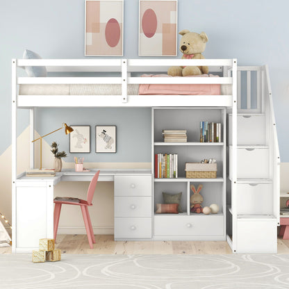 Loft bed with L-shaped desk, drawers, cabinet, and storage stairs in white by HouseOfZazla on Tampa Home & Garden Store