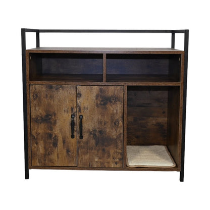 Rustic Cat House cabinet in dark wood with black metal frame and cat bed mat by HouseOfZazla on Tampa Home & Garden Store
