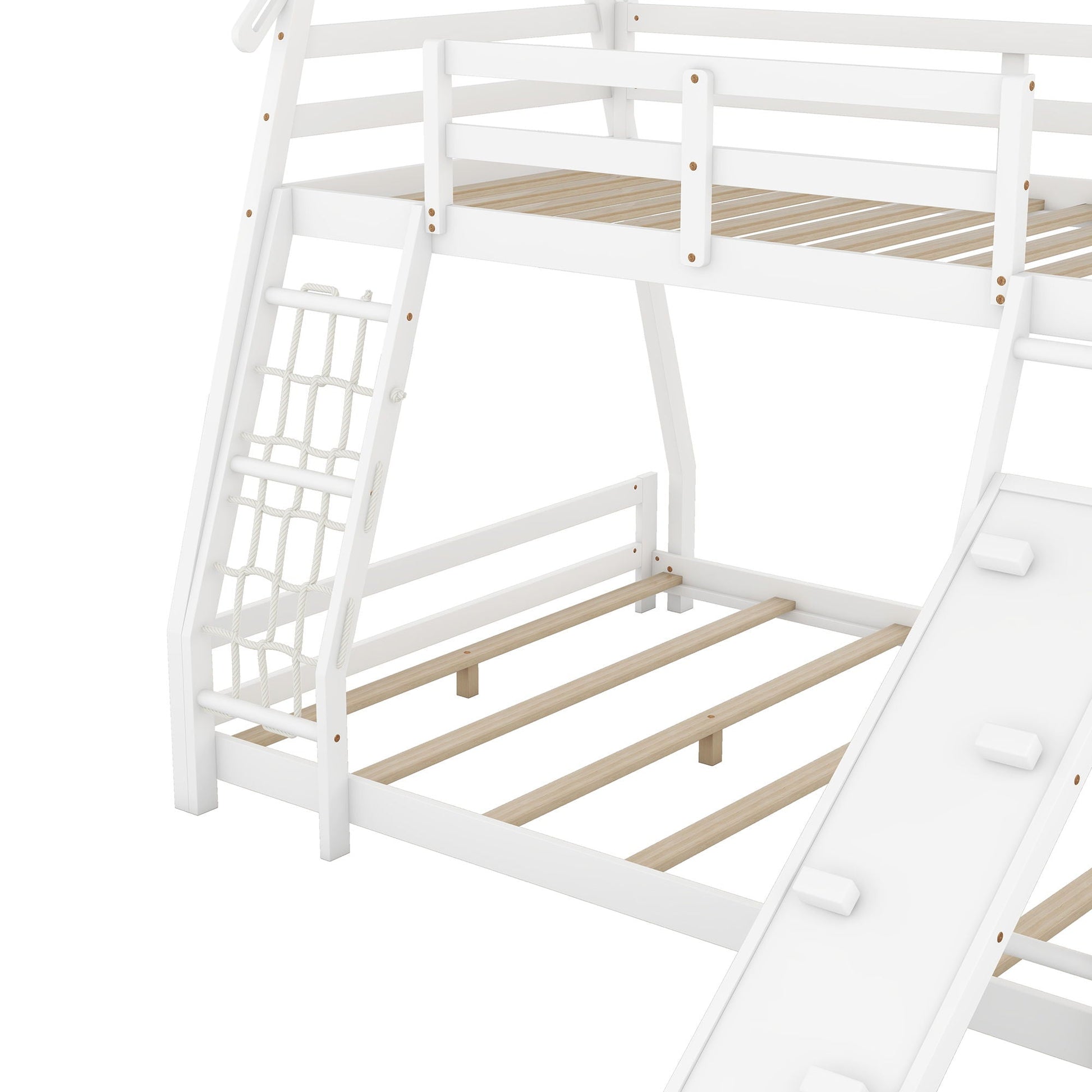 Twin Over Queen House Bunk Bed by HouseOfZazla white with rope climbing net and ramp, slat bases on Tampa Home & Garden Store