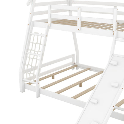 Twin Over Queen House Bunk Bed by HouseOfZazla white with rope climbing net and ramp, slat bases on Tampa Home & Garden Store