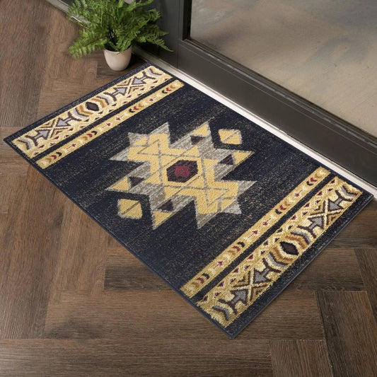 Area rug Tribes GC_YLS4004 Southwest with geometric star motif on dark navy field beige border on Tampa Home & Garden Store