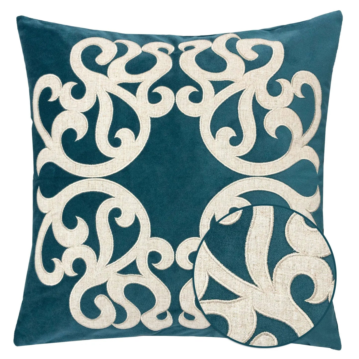 Accent pillow Dora cover with back in teal with cream embroidery by Unique Piece Furniture on Tampa Home & Garden Store