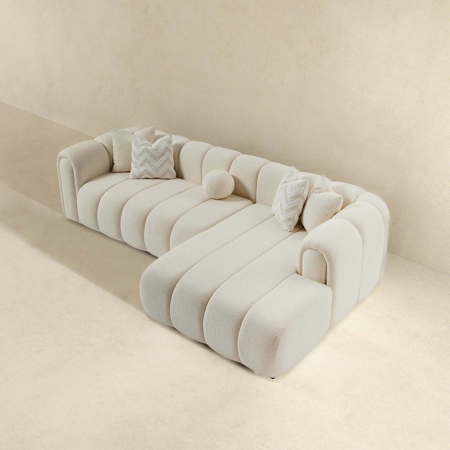 Beatrice ivory modern tufted right sectional sofa with plush rounded cushions on Tampa Home & Garden Store