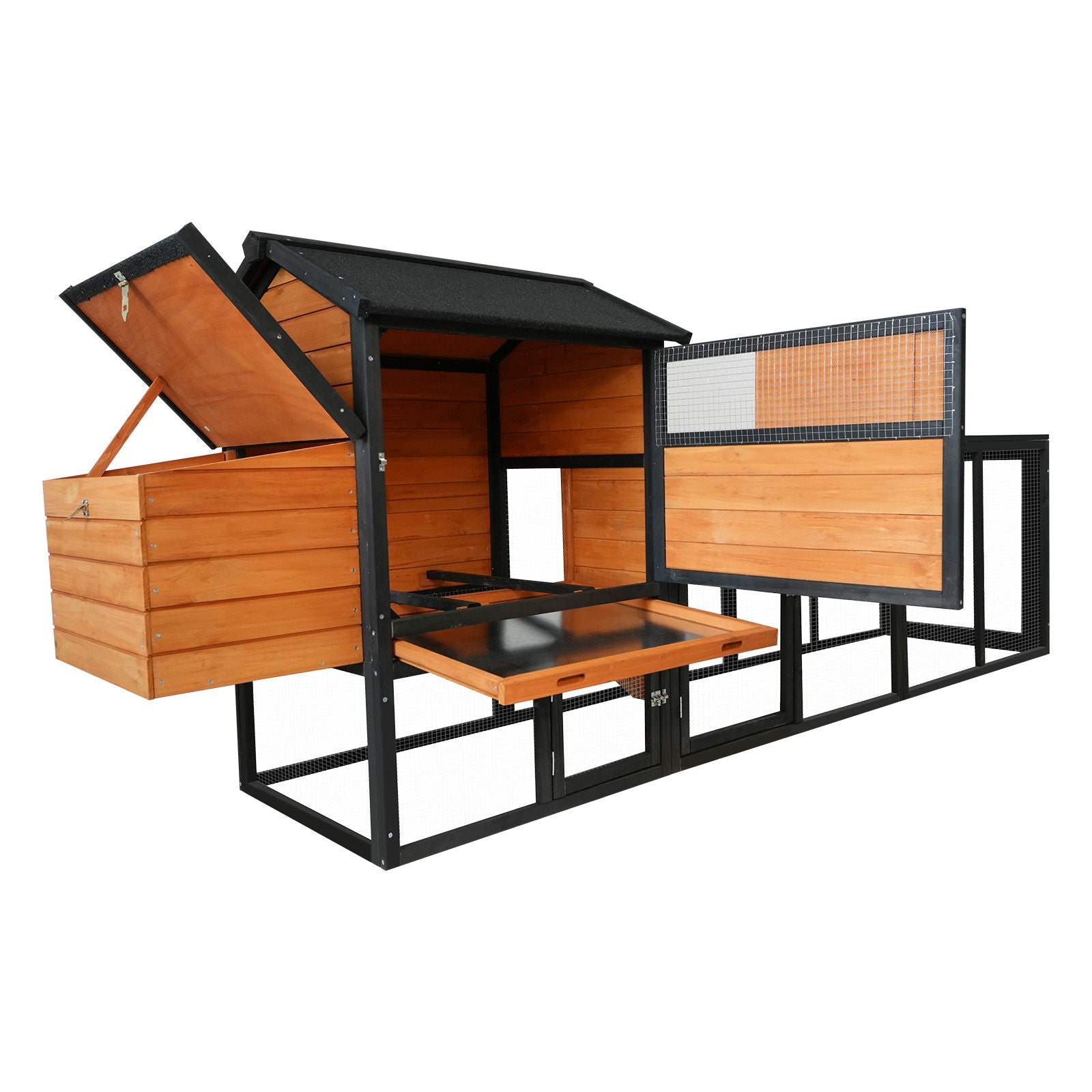 HouseOfZazla chicken coop with run and nesting box, wooden panels and black metal frame on Tampa Home & Garden Store