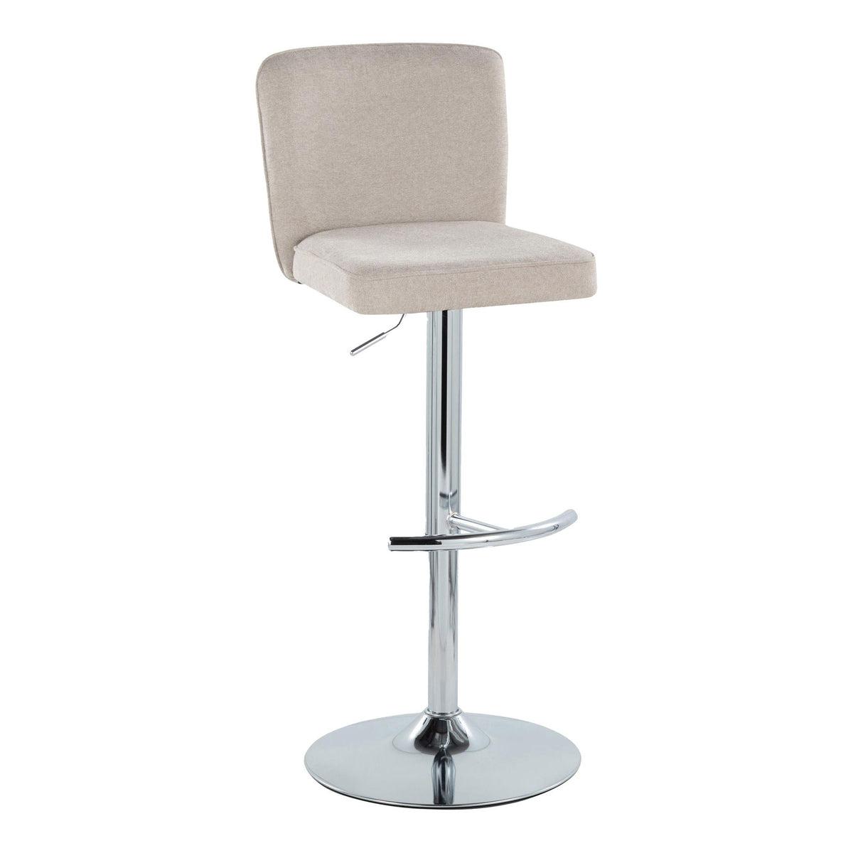 Contemporary adjustable barstool with swivel and beige fabric, chrome pedestal base on Tampa Home & Garden Store