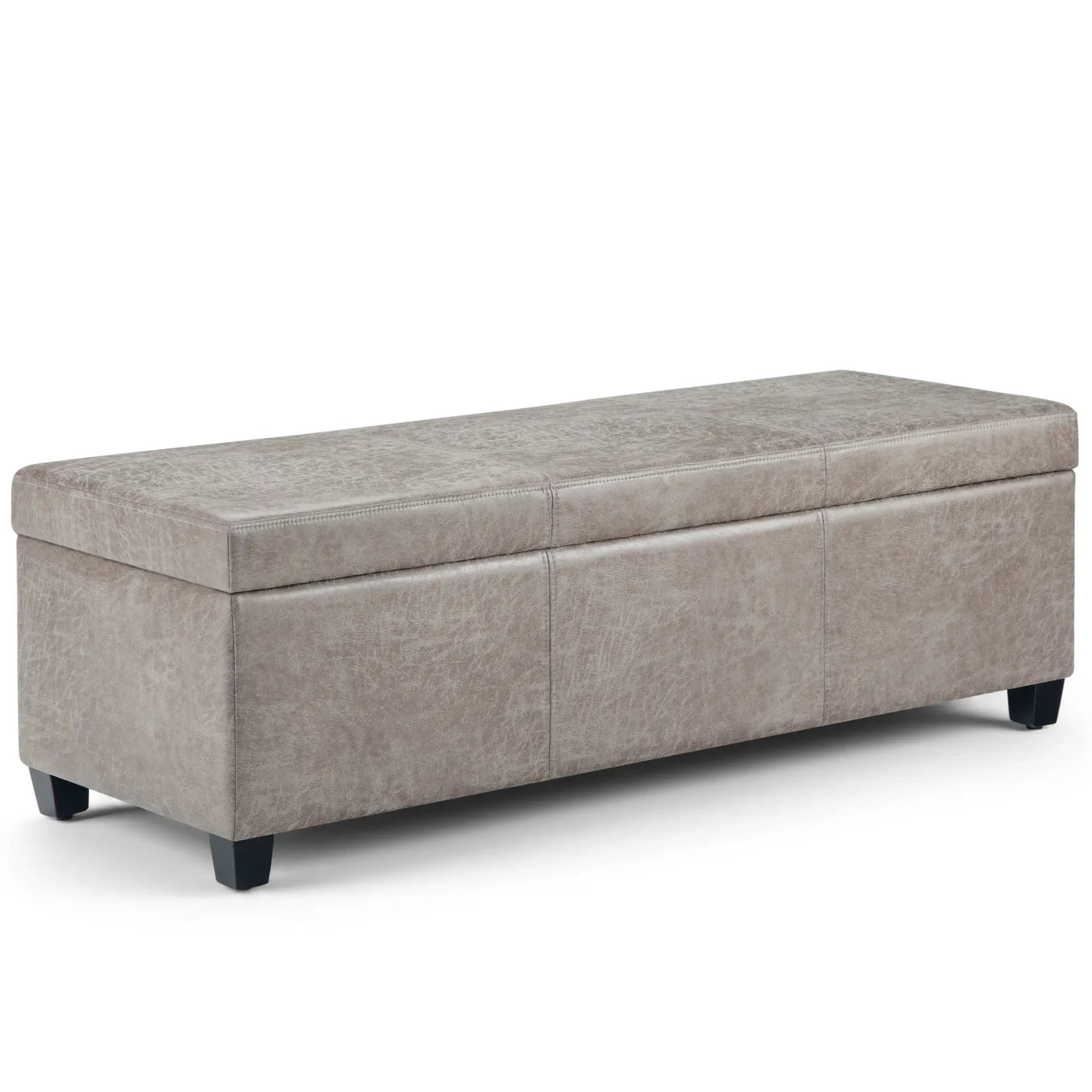Avalon storage ottoman bench in gray textured faux leather with stitched seams and black feet on Tampa Home & Garden Store