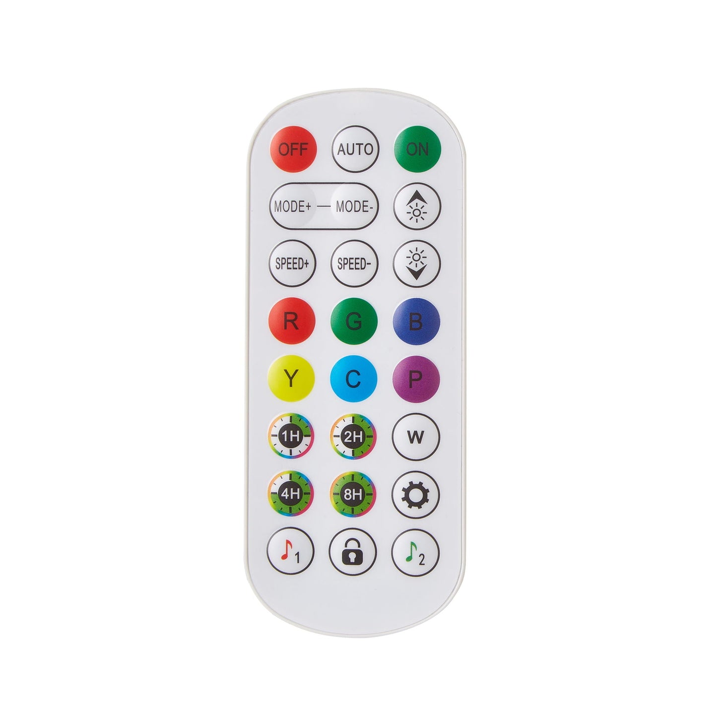 LED bed remote with multicolor circular color buttons, mode/timer icons, white body on Tampa Home & Garden Store