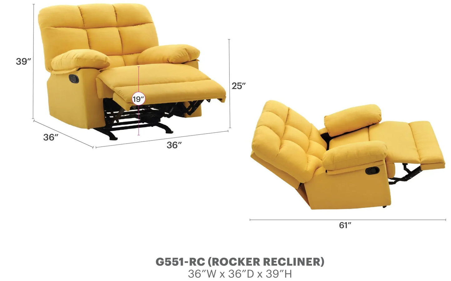 Cindy rocker recliner in yellow fabric with plush arms and extended footrest on Tampa Home & Garden Store