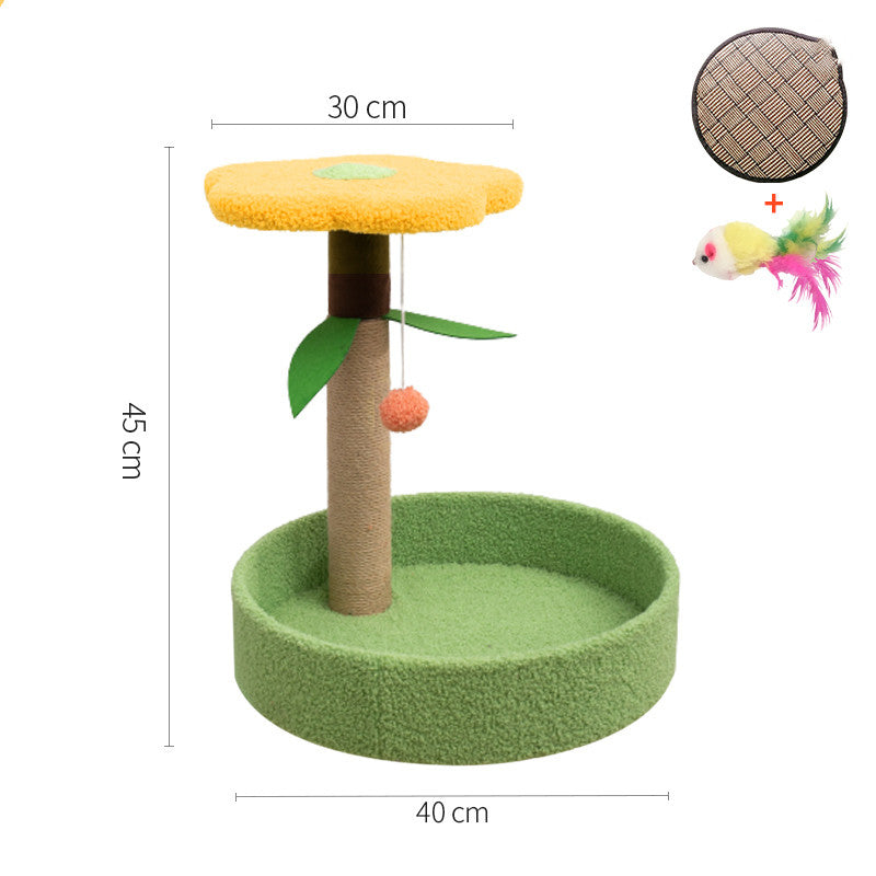 Grinding Claws And Teasing Cat Toys cat tree with green base, yellow perch, orange pom on Tampa Home & Garden Store