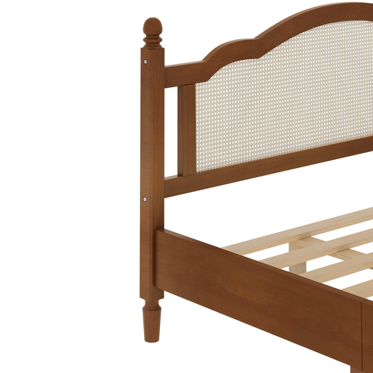 King Size wooden platform bed with rattan headboard in warm brown finish featuring arched rail on Tampa Home & Garden Store