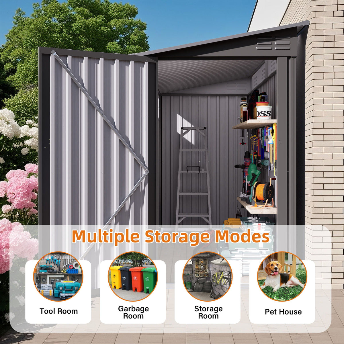 Lean-To gray storage shed with windows by HouseOfZazla; open doors reveal tool shelves and gear on Tampa Home & Garden Store