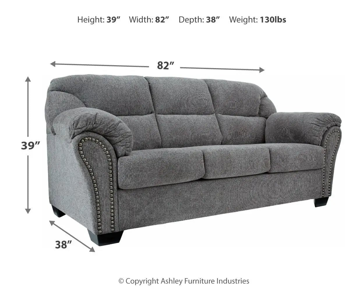 Allmaxx sofa pewter gray fabric with rolled arms and nailhead trim on Tampa Home & Garden Store
