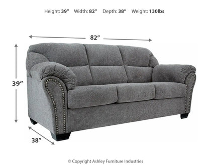 Allmaxx sofa pewter gray fabric with rolled arms and nailhead trim on Tampa Home & Garden Store