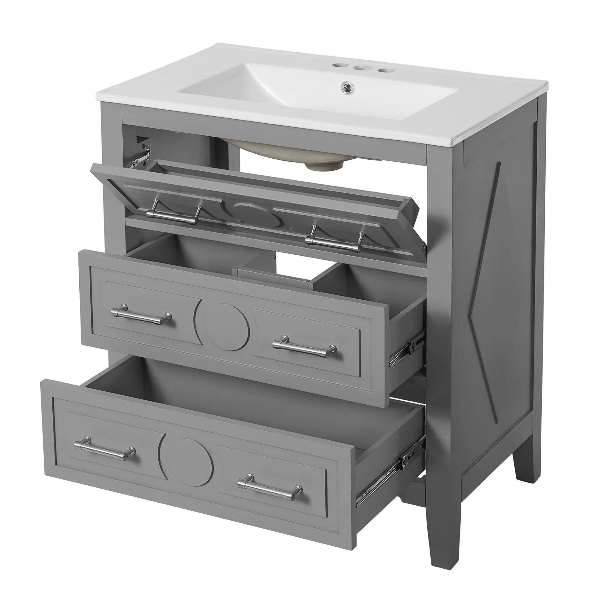 Retro gray bathroom vanity with white sink, freestanding 3-drawer unit on Tampa Home & Garden Store