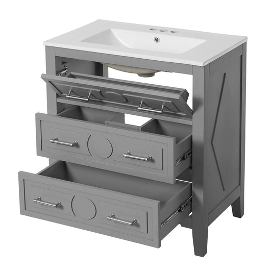 Retro gray bathroom vanity with white sink, freestanding 3-drawer unit on Tampa Home & Garden Store