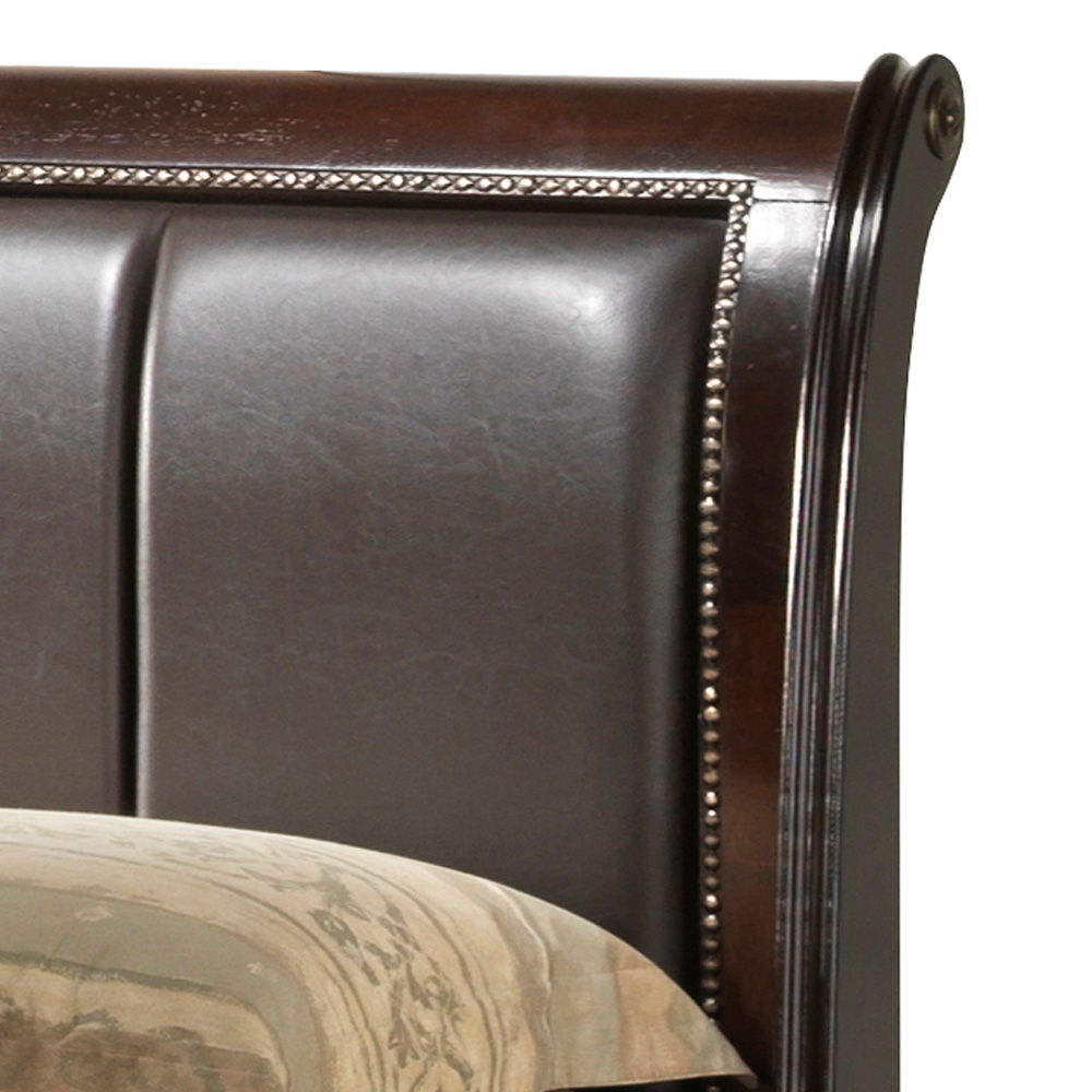 Lavita storage bed headboard in dark espresso wood with leather panel and nailhead trim on Tampa Home & Garden Store