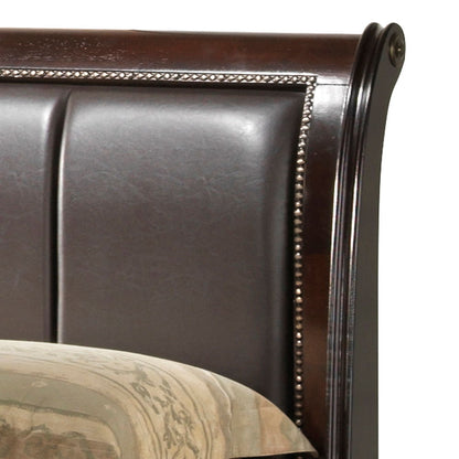 Lavita storage bed headboard in dark espresso wood with leather panel and nailhead trim on Tampa Home & Garden Store