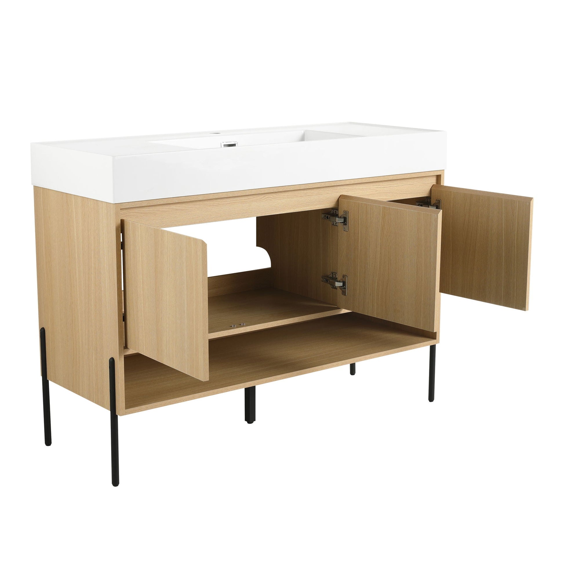 Modern bathroom vanity with single resin sink atop countertop and wood storage cabinet on Tampa Home & Garden Store
